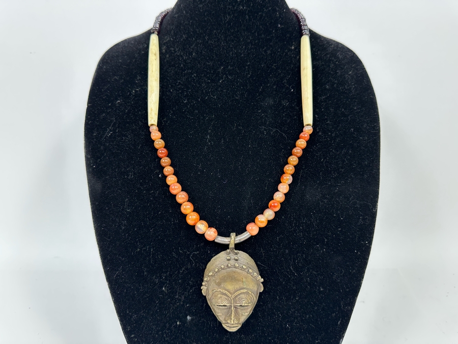 San Francisco Artist Metal Sculptural Pendant With Carnelians And Bone 26' Necklace [Photo 5]