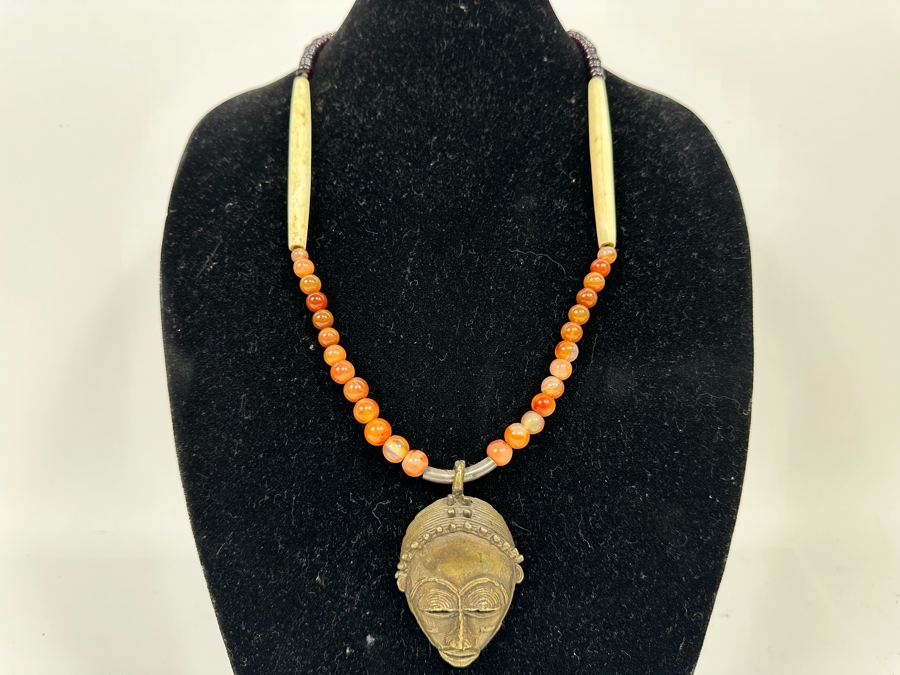 San Francisco Artist Metal Sculptural Pendant With Carnelians And Bone 26' Necklace [Photo 6]