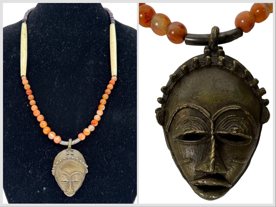 San Francisco Artist Metal Sculptural Pendant With Carnelians And Bone 26' Necklace [Photo 2]