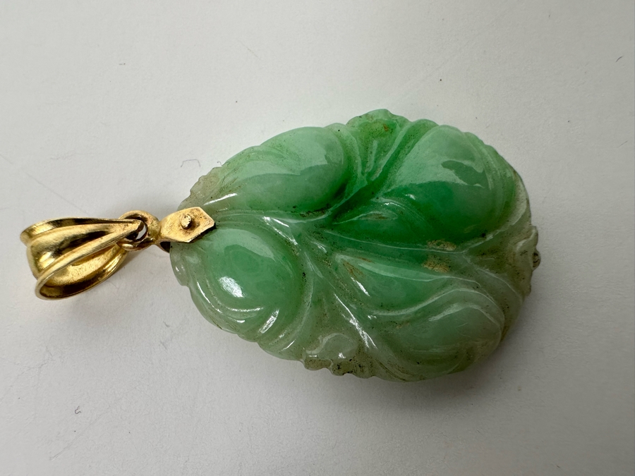 14K Gold Carved Jade Pendant 6.3g [Photo 5]