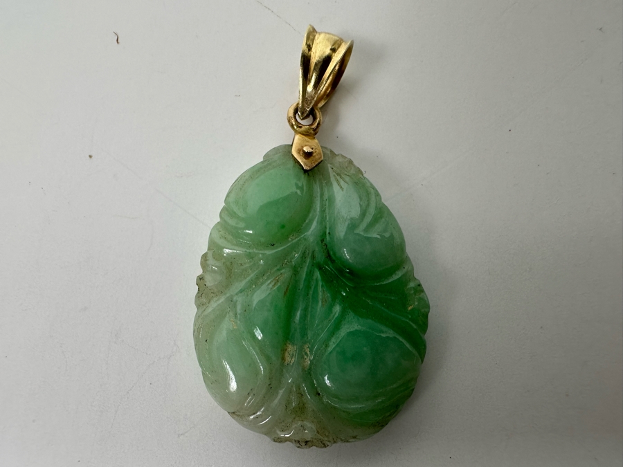 14K Gold Carved Jade Pendant 6.3g [Photo 3]