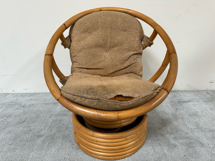 Vintage Mid-Century Bamboo Tilt Swivel Platform Hoop Egg Chair With Cushion (See Photos - Cushion Needs New Upholstery) 31W X 31D X 32H [Photo 9]