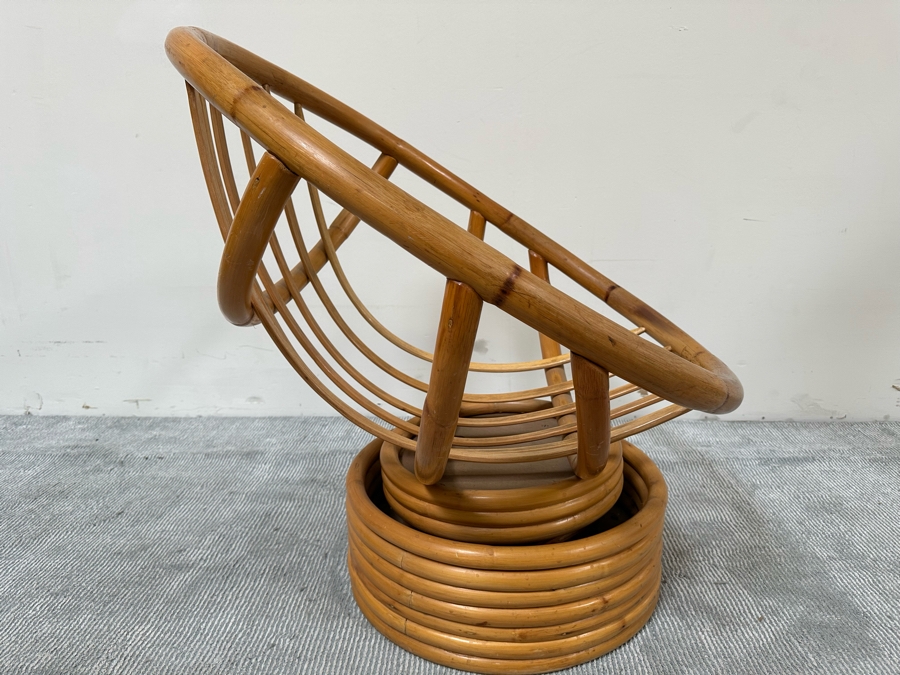 Vintage Mid-Century Bamboo Tilt Swivel Platform Hoop Egg Chair With Cushion (See Photos - Cushion Needs New Upholstery) 31W X 31D X 32H [Photo 5]