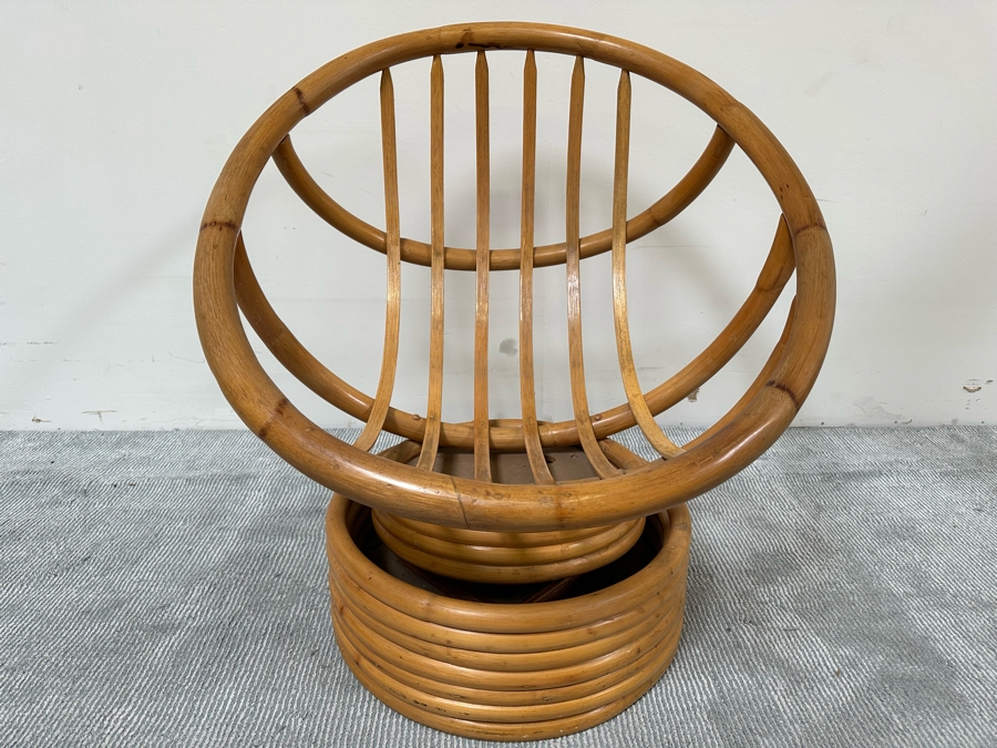 Vintage Mid-Century Bamboo Tilt Swivel Platform Hoop Egg Chair With Cushion (See Photos - Cushion Needs New Upholstery) 31W X 31D X 32H [Photo 4]
