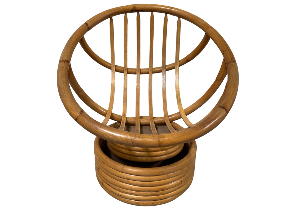 Vintage Mid-Century Bamboo Tilt Swivel Platform Hoop Egg Chair With Cushion (See Photos - Cushion Needs New Upholstery) 31W X 31D X 32H [Photo 1]