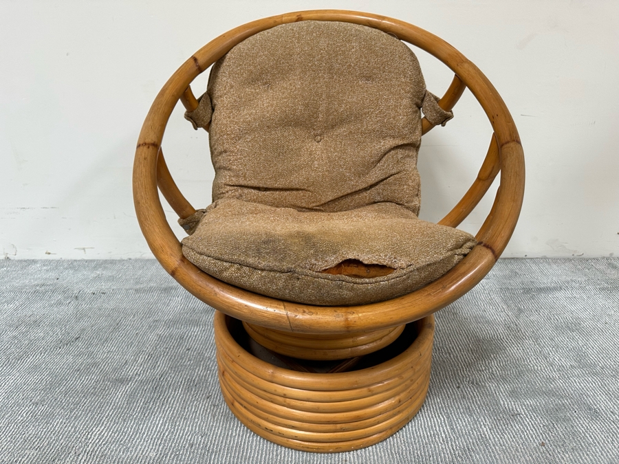 Vintage Mid-Century Bamboo Tilt Swivel Platform Hoop Egg Chair With Cushion (See Photos - Cushion Needs New Upholstery) 31W X 31D X 32H [Photo 2]