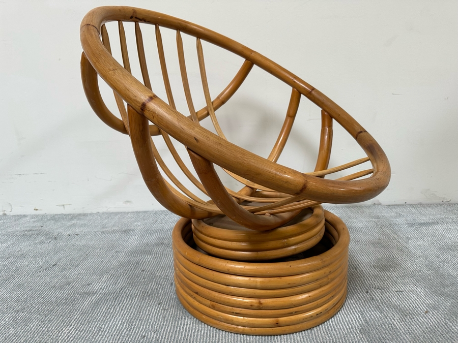 Vintage Mid-Century Bamboo Tilt Swivel Platform Hoop Egg Chair With Cushion (See Photos - Cushion Needs New Upholstery) 31W X 31D X 32H [Photo 7]