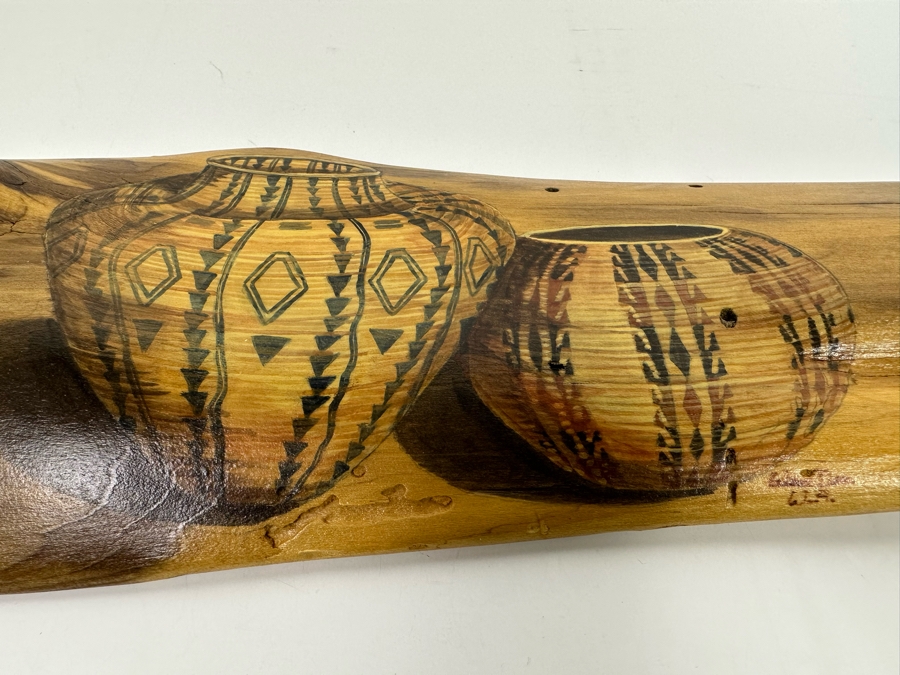 Hand Painted Organic Wooden Plaque Of Native American Pottery Signed 23.5 X 6 [Photo 4]