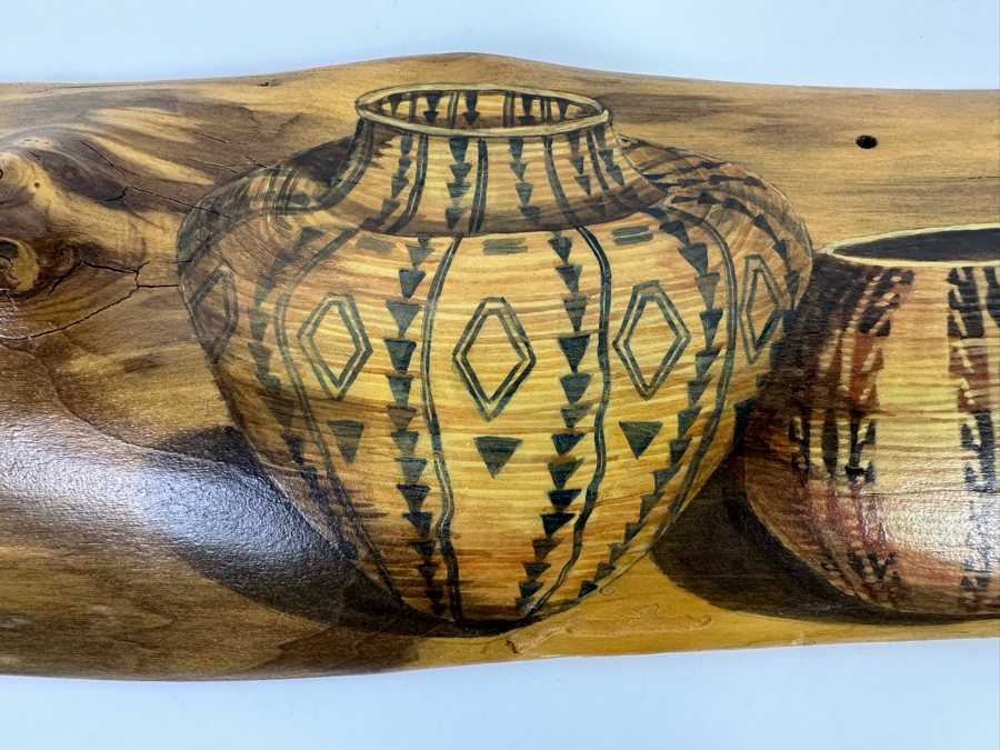 Hand Painted Organic Wooden Plaque Of Native American Pottery Signed 23.5 X 6 [Photo 7]