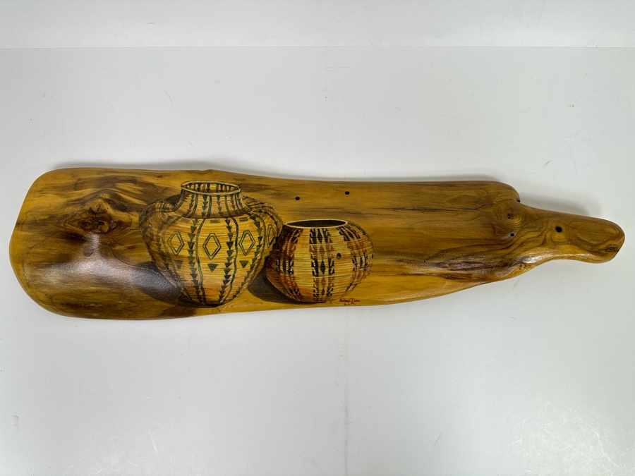 Hand Painted Organic Wooden Plaque Of Native American Pottery Signed 23.5 X 6 [Photo 2]