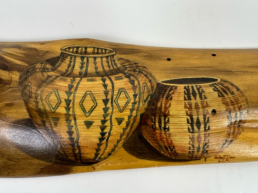 Hand Painted Organic Wooden Plaque Of Native American Pottery Signed 23.5 X 6 [Photo 3]