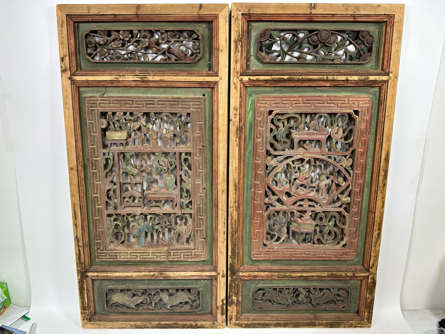 Vintage Chinese Relief Carved Temple Panels Wall Decor 19 X 40.5, A Pair [Photo 2]