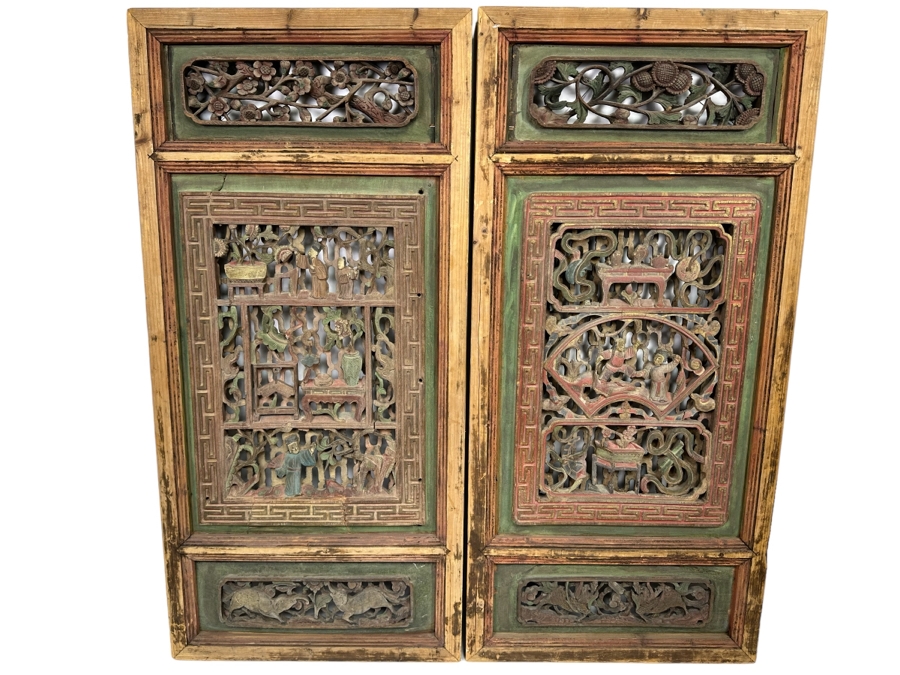 Vintage Chinese Relief Carved Temple Panels Wall Decor 19 X 40.5, A Pair