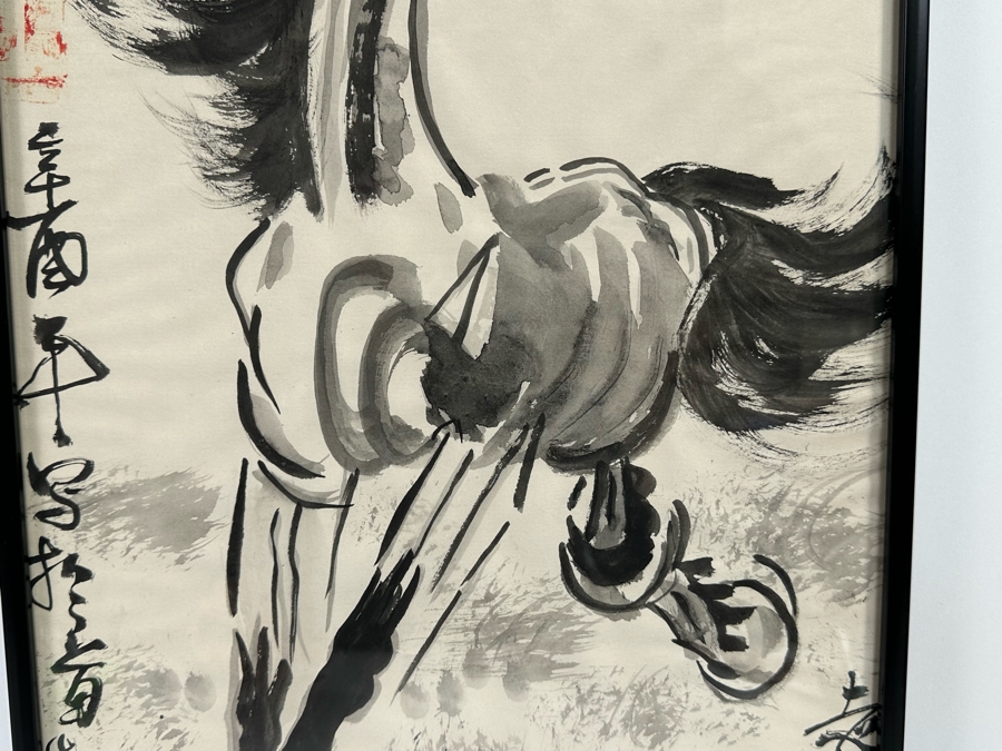 Three Signed Original Chinese Brush Paintings On Paper Of Shrimp, Fish And Horse Framed 12 X 20 [Photo 20]