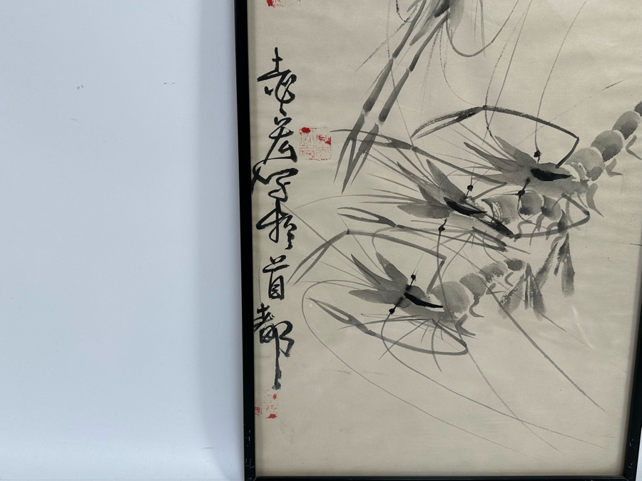 Three Signed Original Chinese Brush Paintings On Paper Of Shrimp, Fish And Horse Framed 12 X 20 [Photo 14]