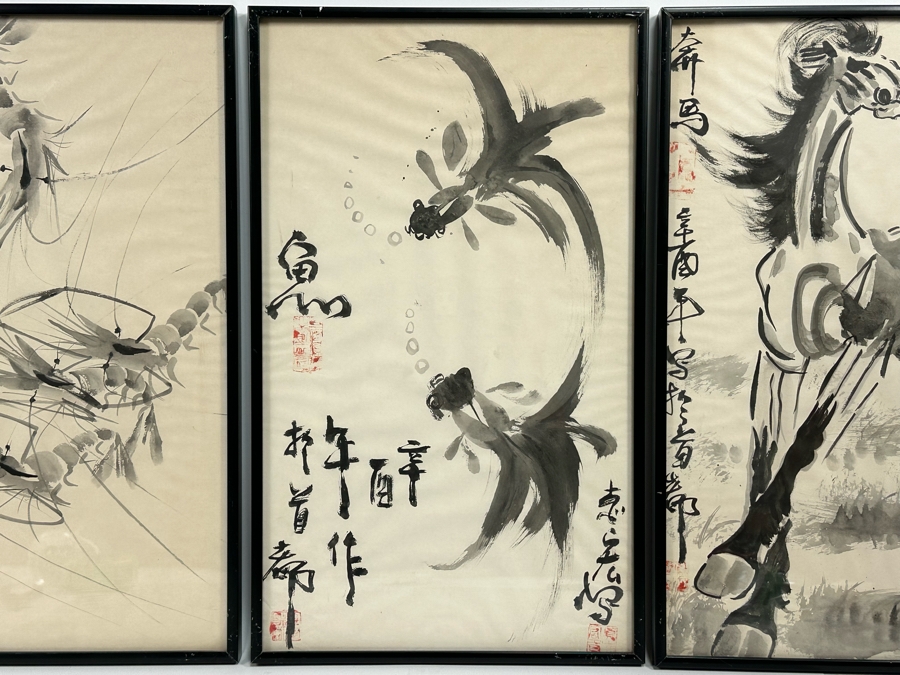 Three Signed Original Chinese Brush Paintings On Paper Of Shrimp, Fish And Horse Framed 12 X 20 [Photo 2]