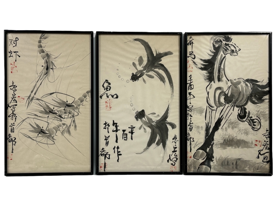 Three Signed Original Chinese Brush Paintings On Paper Of Shrimp, Fish And Horse Framed 12 X 20 [Photo 1]