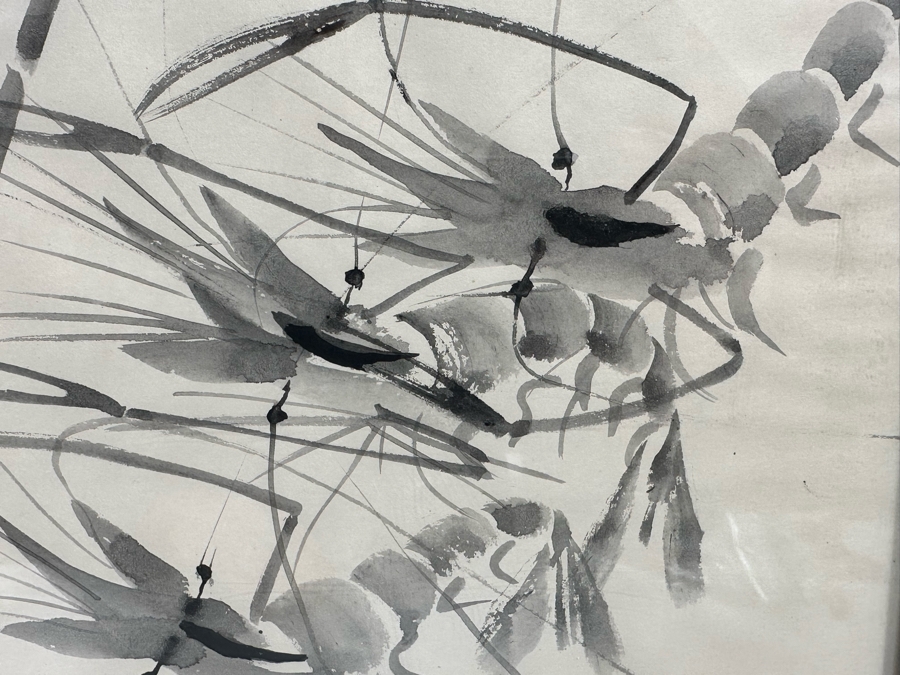 Three Signed Original Chinese Brush Paintings On Paper Of Shrimp, Fish And Horse Framed 12 X 20 [Photo 11]