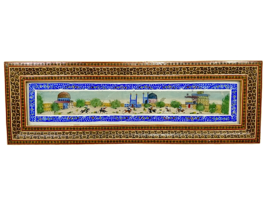 Original Vintage Polo Watercolor Suratgari Marquetry Khatam Arabic Style Artwork Handmade Inlaid Wooden Frame 20 X 7