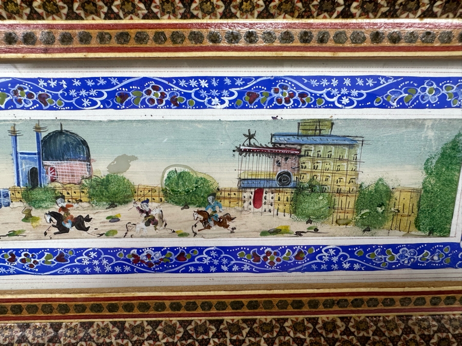 Original Vintage Polo Watercolor Suratgari Marquetry Khatam Arabic Style Artwork Handmade Inlaid Wooden Frame 20 X 7 [Photo 6]