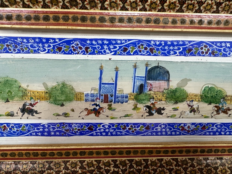 Original Vintage Polo Watercolor Suratgari Marquetry Khatam Arabic Style Artwork Handmade Inlaid Wooden Frame 20 X 7 [Photo 5]