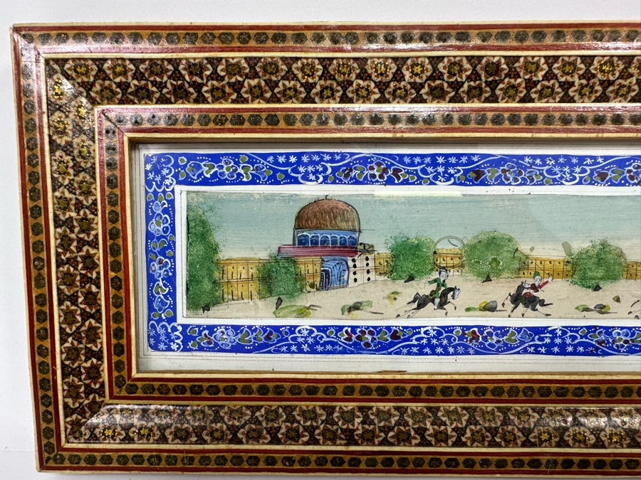 Original Vintage Polo Watercolor Suratgari Marquetry Khatam Arabic Style Artwork Handmade Inlaid Wooden Frame 20 X 7 [Photo 3]
