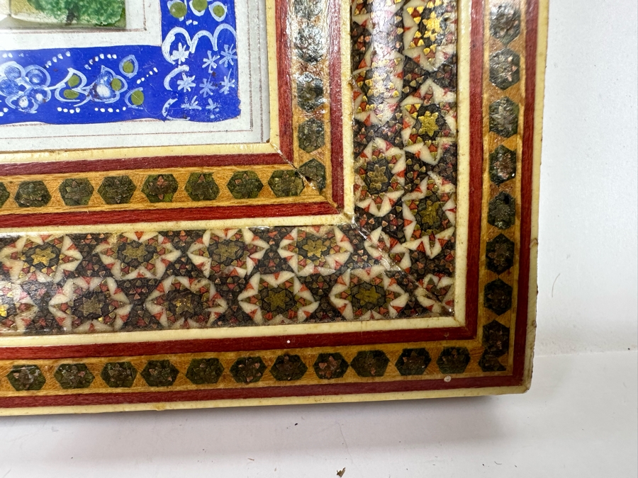 Original Vintage Polo Watercolor Suratgari Marquetry Khatam Arabic Style Artwork Handmade Inlaid Wooden Frame 20 X 7 [Photo 9]