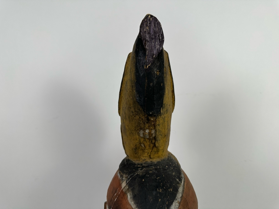 Large Ethnic Carved Wooden Statue Of Man With Bird On His Head 9W X 9D X 38H [Photo 4]