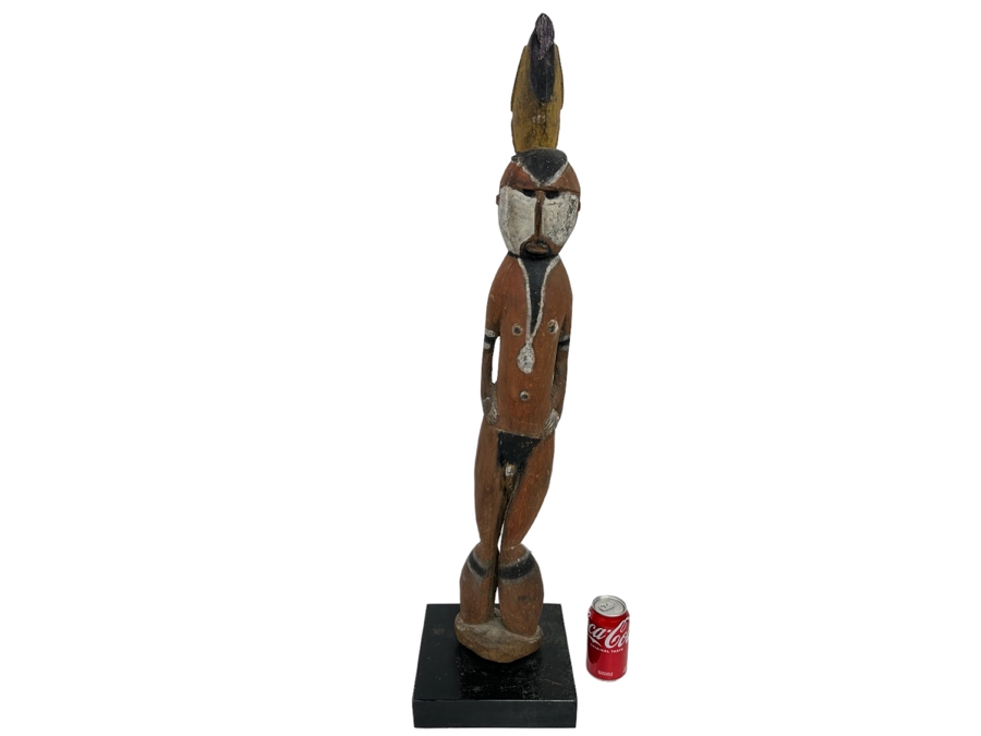 Large Ethnic Carved Wooden Statue Of Man With Bird On His Head 9W X 9D X 38H [Photo 2]