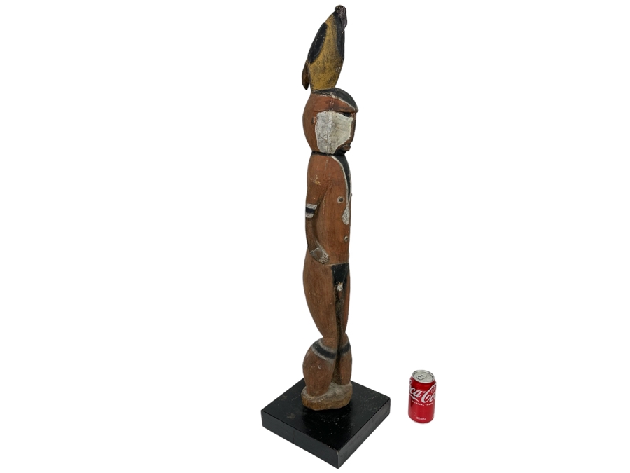 Large Ethnic Carved Wooden Statue Of Man With Bird On His Head 9W X 9D X 38H [Photo 1]