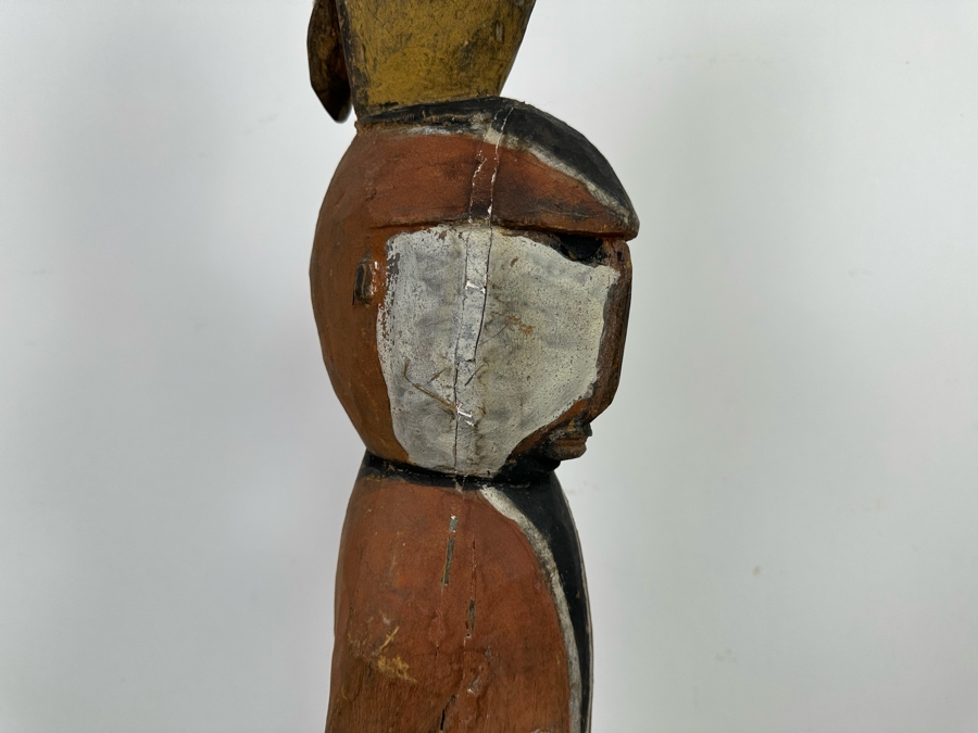 Large Ethnic Carved Wooden Statue Of Man With Bird On His Head 9W X 9D X 38H [Photo 9]