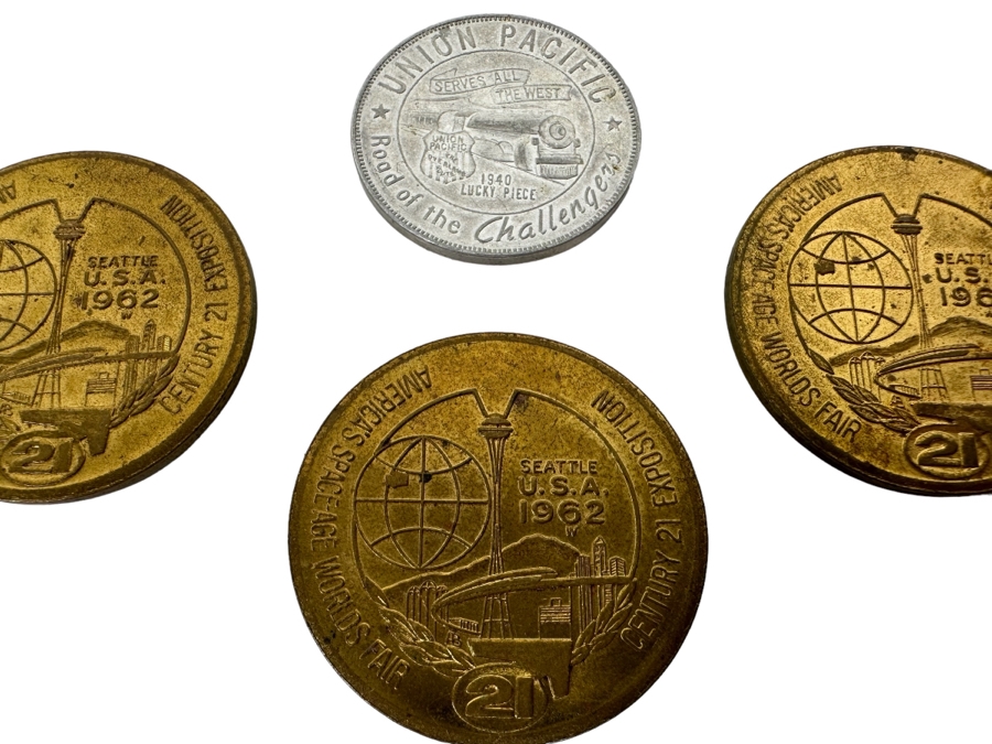 (3) 1962 Seattle World's Fair $1 Tokens And (1) Union Pacific Railroad Aluminum 1940 Luck Piece
