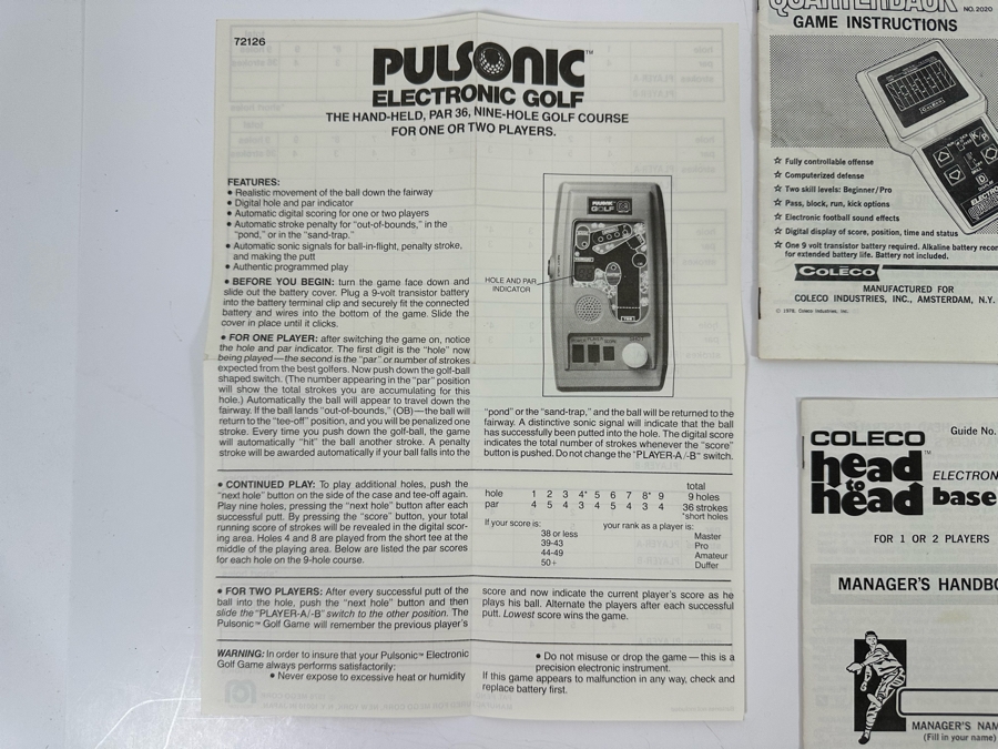 Collection Of Vintage Seventies Instruction Booklets From Various Electronic Games Including Coleco Electronic Quarterback & Coleco Head To Head Electronic Baseball (No Games) [Photo 12]