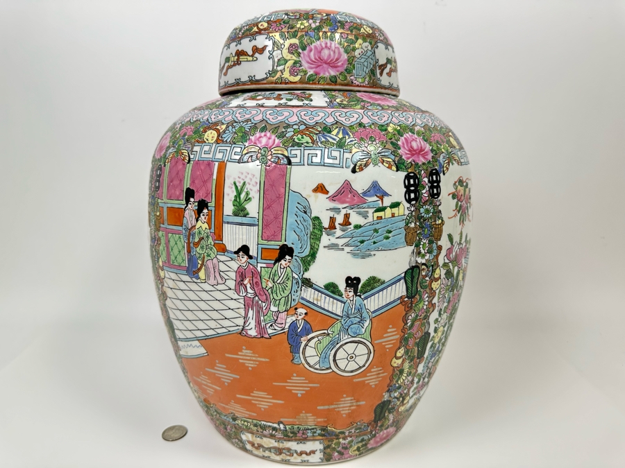 Large Vintage Signed Chinese Porcelain Lidded Jar 12W X 16H  [Photo 13]