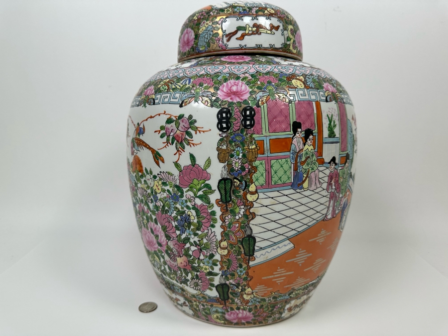 Large Vintage Signed Chinese Porcelain Lidded Jar 12W X 16H  [Photo 10]