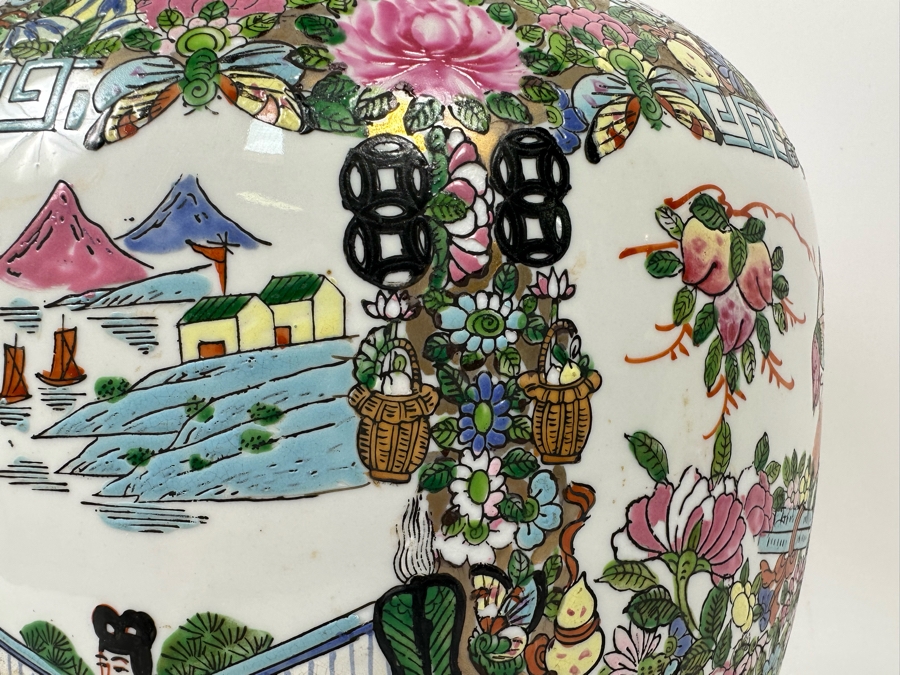 Large Vintage Signed Chinese Porcelain Lidded Jar 12W X 16H  [Photo 15]