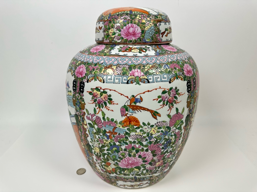Large Vintage Signed Chinese Porcelain Lidded Jar 12W X 16H  [Photo 2]