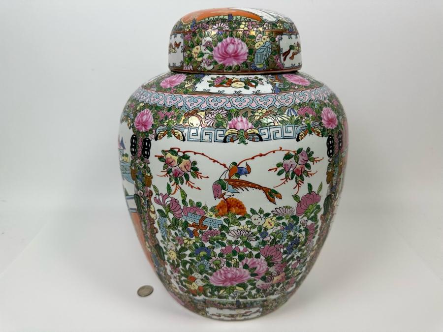 Large Vintage Signed Chinese Porcelain Lidded Jar 12W X 16H  [Photo 3]
