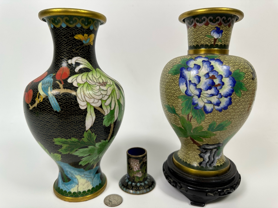 Pair Of Cloisonne Vases 9H And Cloisonne Toothpick Holder [Photo 4]