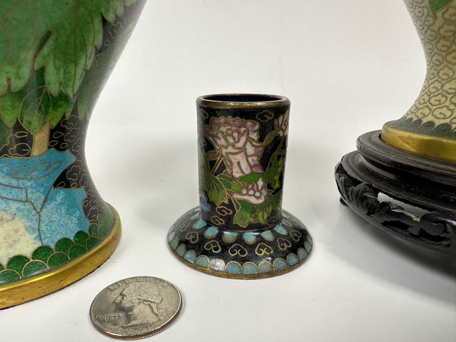 Pair Of Cloisonne Vases 9H And Cloisonne Toothpick Holder [Photo 9]