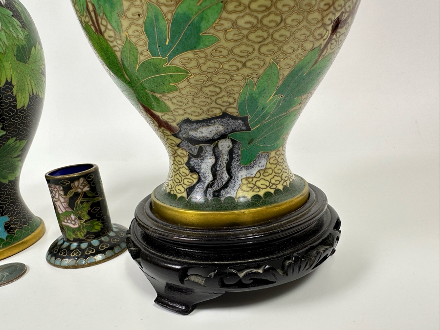 Pair Of Cloisonne Vases 9H And Cloisonne Toothpick Holder [Photo 12]