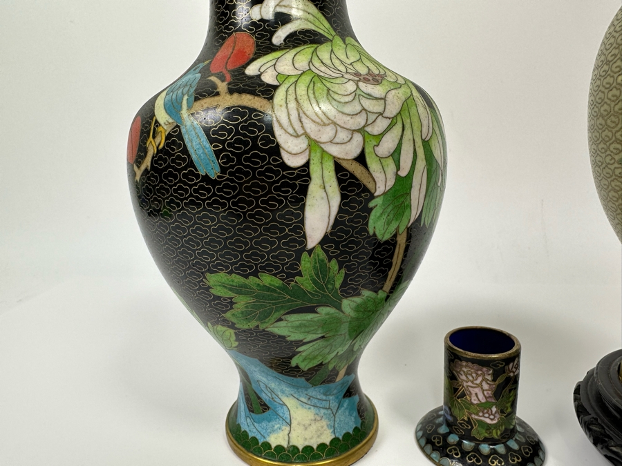 Pair Of Cloisonne Vases 9H And Cloisonne Toothpick Holder [Photo 7]