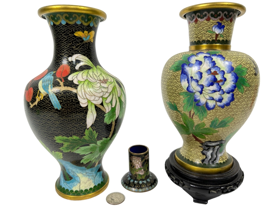 Pair Of Cloisonne Vases 9H And Cloisonne Toothpick Holder [Photo 1]