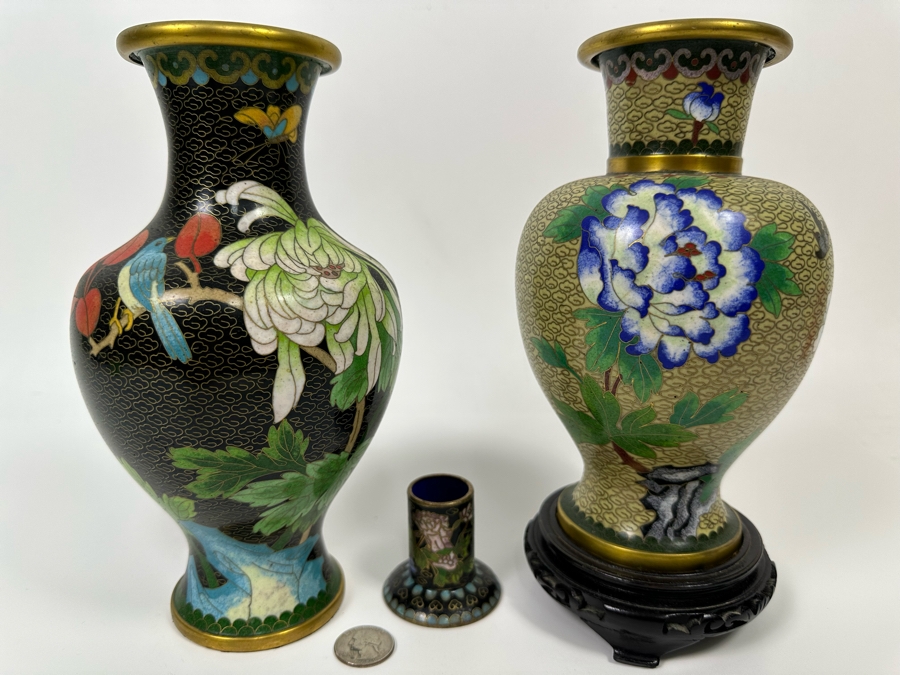 Pair Of Cloisonne Vases 9H And Cloisonne Toothpick Holder [Photo 3]
