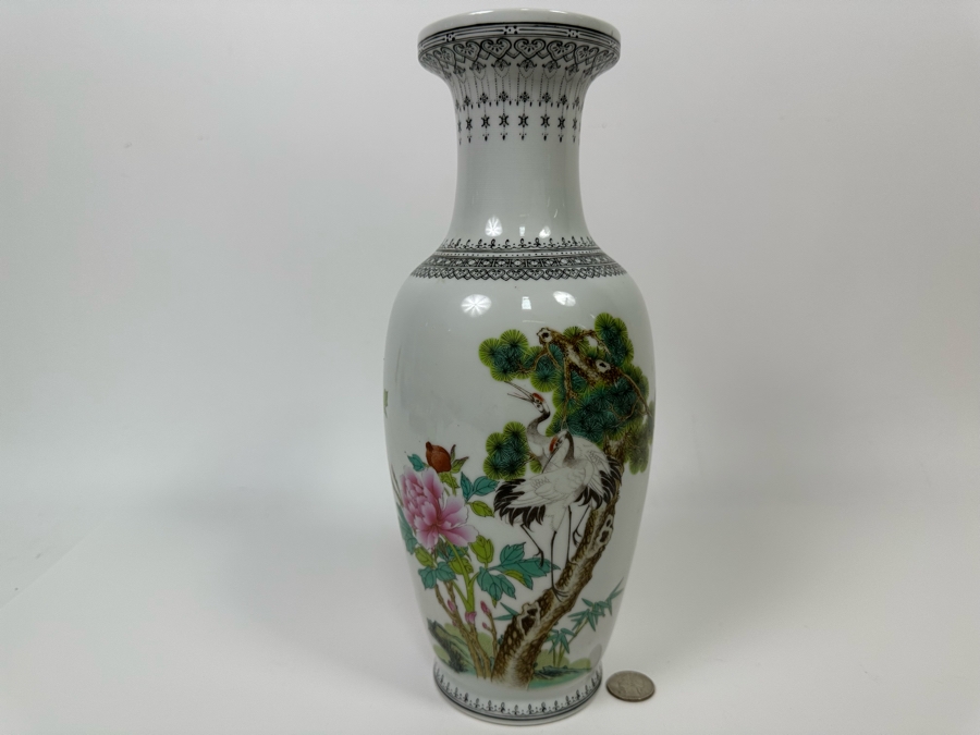 Vintage Signed Hand Painted Chinese Porcelain Vase Featuring Red-crowned Cranes 12H [Photo 3]