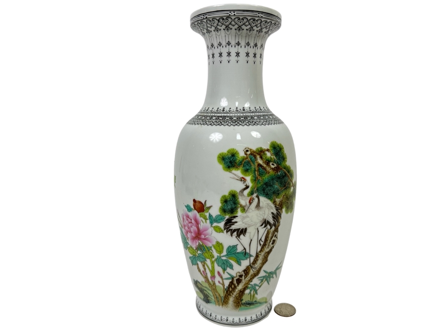Vintage Signed Hand Painted Chinese Porcelain Vase Featuring Red-crowned Cranes 12H [Photo 1]