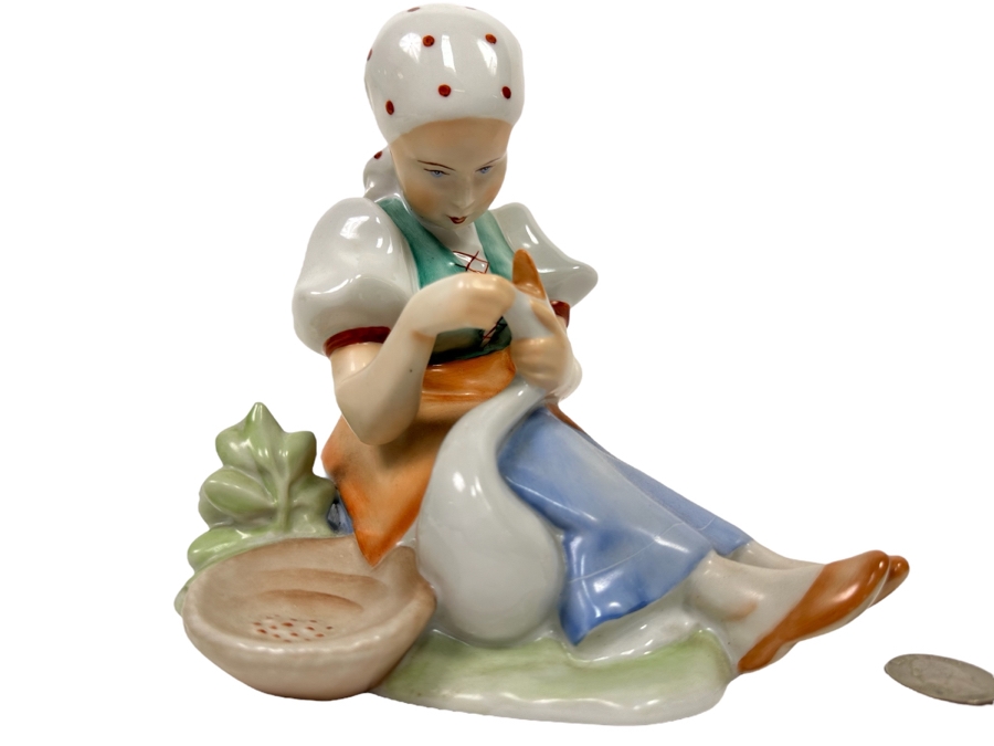 Vintage Hungarian Zsolnay Pecs Hand Painted Figurine Young Girl Feeding The Goose 6.5H [Photo 1]