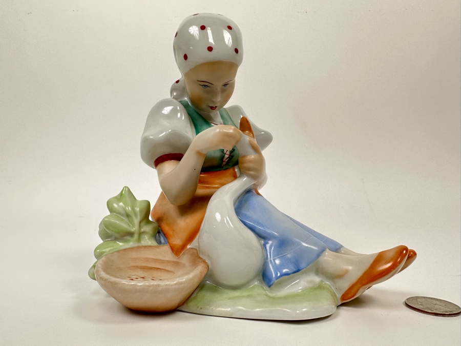 Vintage Hungarian Zsolnay Pecs Hand Painted Figurine Young Girl Feeding The Goose 6.5H [Photo 5]