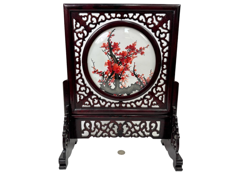Chinese Two-Sided Silk Hand Stitch Embroidery Plum Blossom Table Screen 13W X 6D X 16.5H [Photo 1]