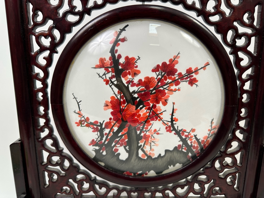 Chinese Two-Sided Silk Hand Stitch Embroidery Plum Blossom Table Screen 13W X 6D X 16.5H [Photo 4]